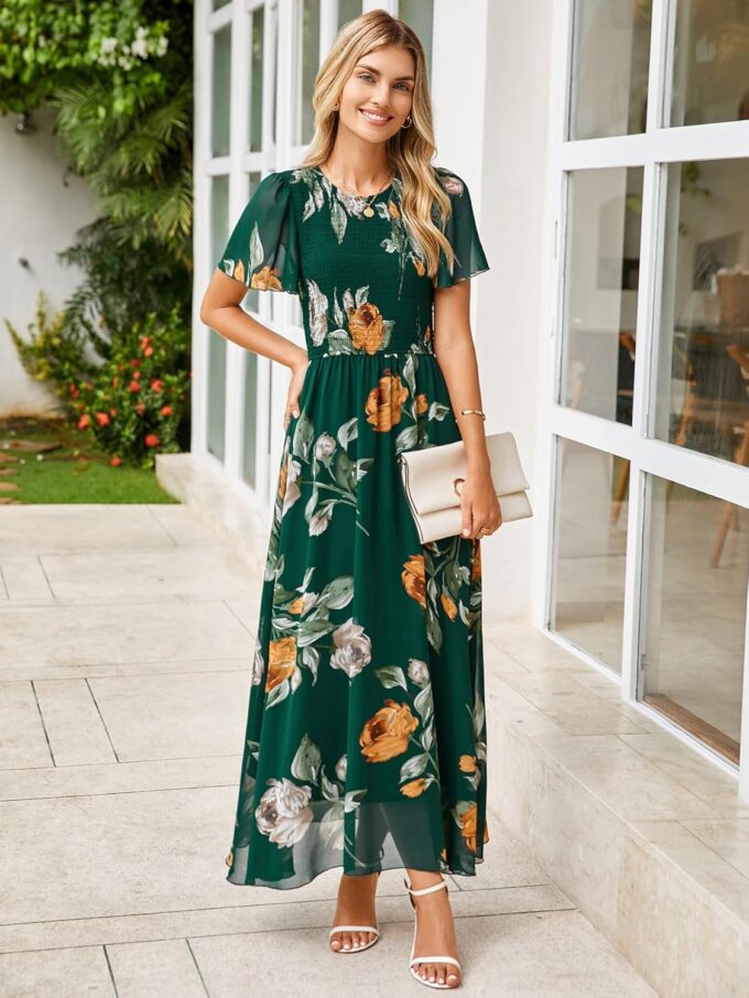 Simplee Womens Summer Floral Casual Maxi Dresses Flutter Short Sleeve Crew Neck Smocked Chiffon Boho Flowy Dress – Bild 5
