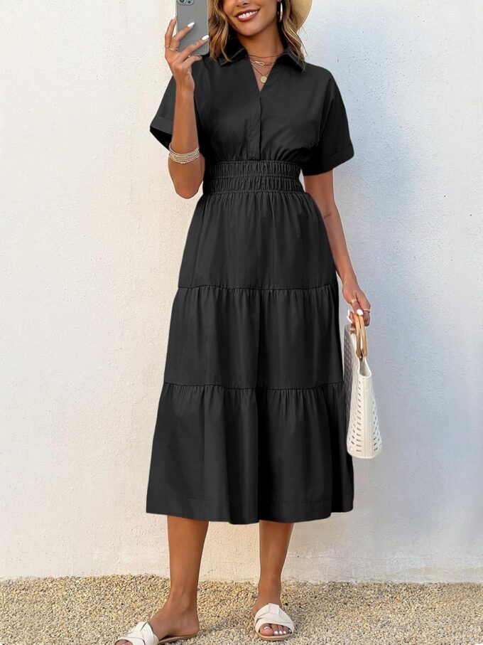 Wenrine Womens Summer Short Sleeve Maxi Dresses Casual V Neck Smocked Loose Tiered Flowy Shirt Dress with Pockets – Bild 4