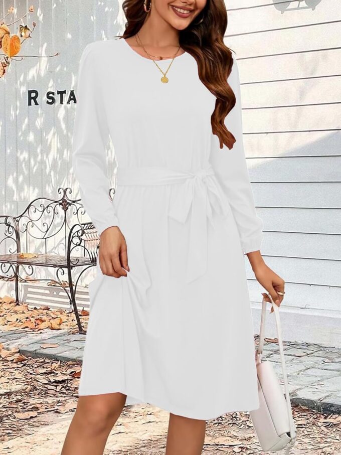 Damenkleid mit langen Ärmeln, Rundhalsausschnitt, mit Gürtel, A-Linie, fließend, für Business, Arbeit, Lehrer, Midi-Kleid – Bild 2