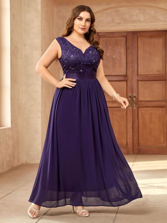 Miusol Women's Plus Size Elegant Lace Contrast Sequin V-Neck Floral Formal Evening Party Maxi Dress – Bild 3
