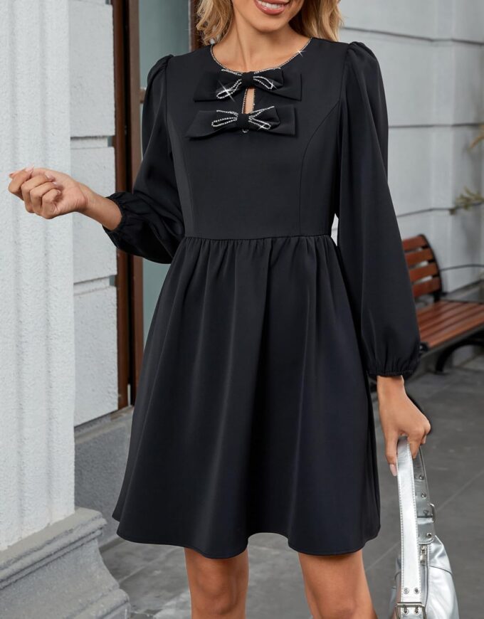 Women's Bow Neck Mini Dresses A Line Rhinestone Short Dress Long Sleeves Flowy Summer Babydoll Dress – Bild 5