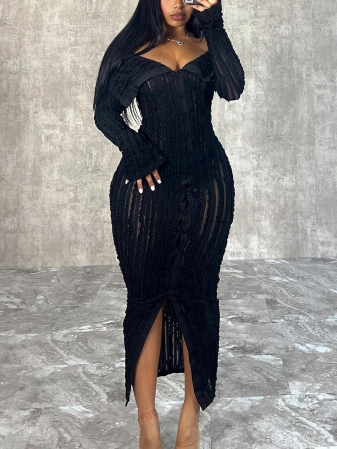 Sexy Button Down Dresses for Women Date Night Off Shoulder See Through Mesh Ruffle Bodycon Maxi Dress – Bild 3