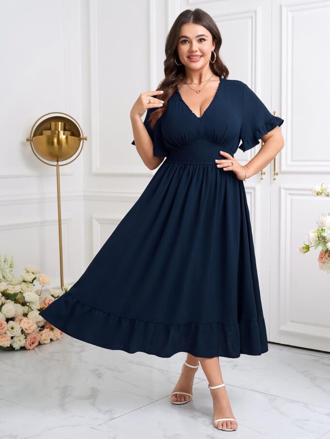 Women Plus Size V Neck Maxi Dress Short Sleeve Smocked Waist Ruffle Hem Flowy Summer Formal Wedding Guest Dresses – Bild 6
