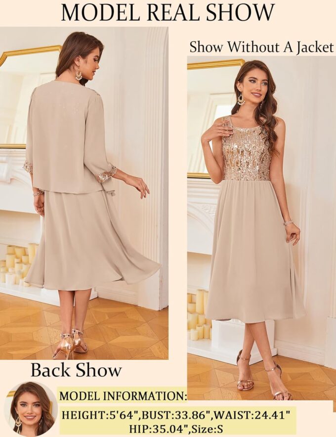 GRACE KARIN Wedding Guest Dress Mother of The Bride Dresses Two Piece Formal Sequin Dress with Jacket Tea Length 2025 – Bild 3