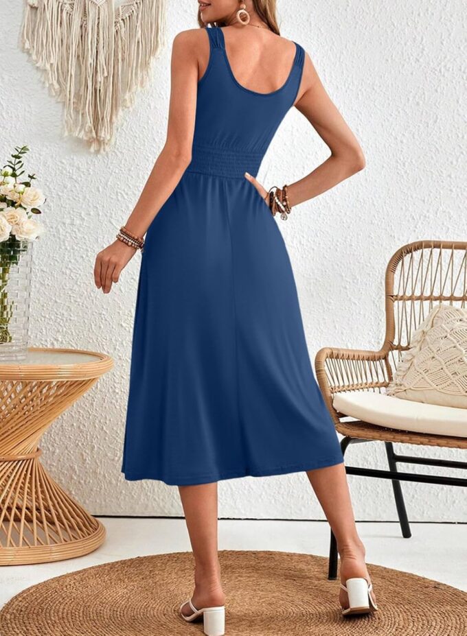 Dokotoo Womens Summer Dresses 2025 Sleeveless Button Down Smocked Empire Waist Casual A-Line Swing Midi Dress Sundress – Bild 2