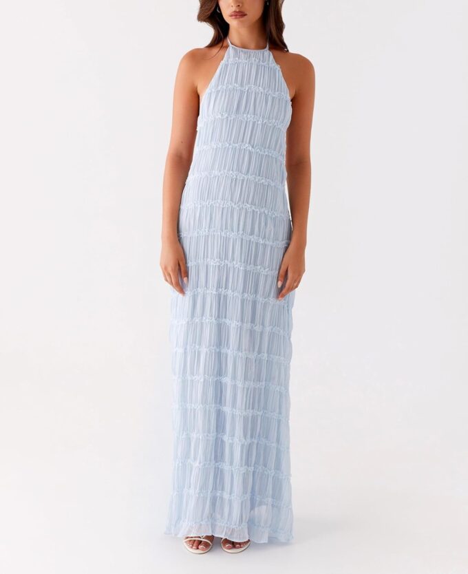 Women Halter Flowy Vacation Long Dress Sexy Sheer Ruched Backless Dress Y2k Sleeveless Beach Tiered Maxi Sundresses – Bild 2
