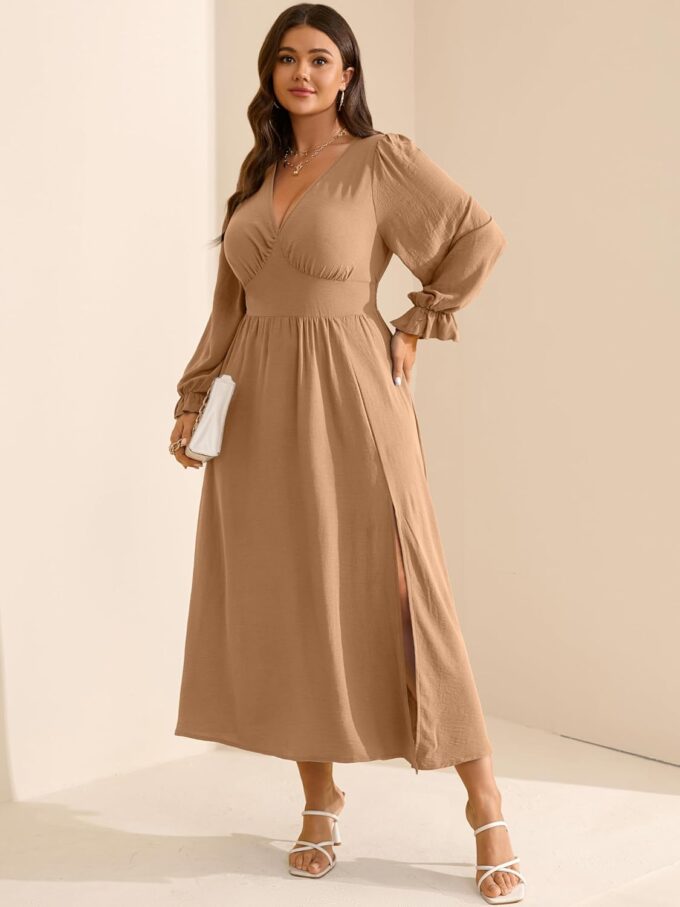 RWJ Plus Size Wedding Guest Dress for Women Deep V Neck Long Sleeve High Waist Slit Formal Cocktail Party Fall Maxi Dresses – Bild 5