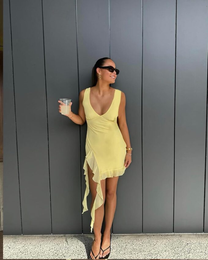 Women's Summer Bodycon Dresses Sexy V Neck Backless Y2K Slit Ruffle Trim Fringe Cocktail Party Mini Mesh Tank Dress – Bild 5