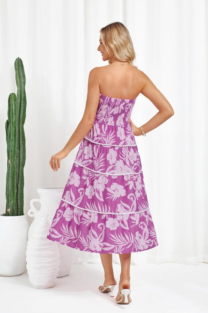 GRACE KARIN 2025 Women's Summer Floral Dress Strapless Smocked Tube Dress Boho Beach A-Line Midi Dresses with Pockets – Bild 5