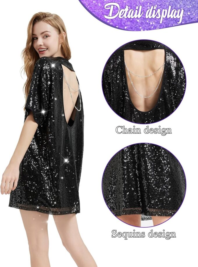 Sequin T-Shirt Dress Sparkly Short Sleeve Party Club Dress Women Sexy Casual Shinny Backless Shirt Dresses – Bild 3