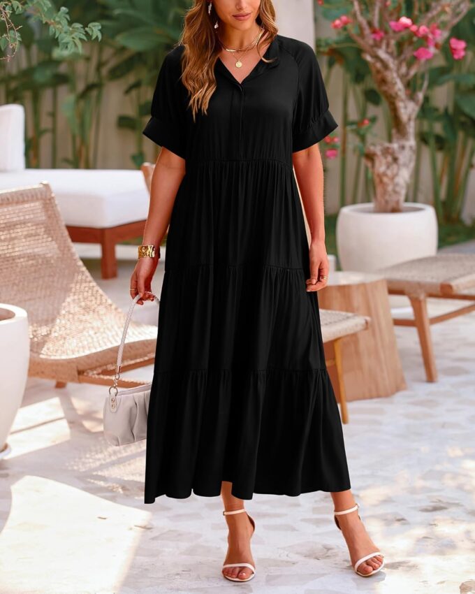 dowerme Women's Summer Dresses 2025 Casual Short Sleeve Button Loose Fit Pleated Boho Flowy Swing Long Beach Sun Dress – Bild 7