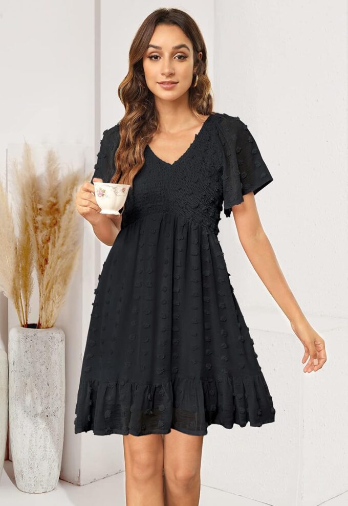 Annebouti Womens 2025 Spring Summer Mini Smocked Swiss Dot Dresses Short Sleeve Babydoll Casual Dress – Bild 3