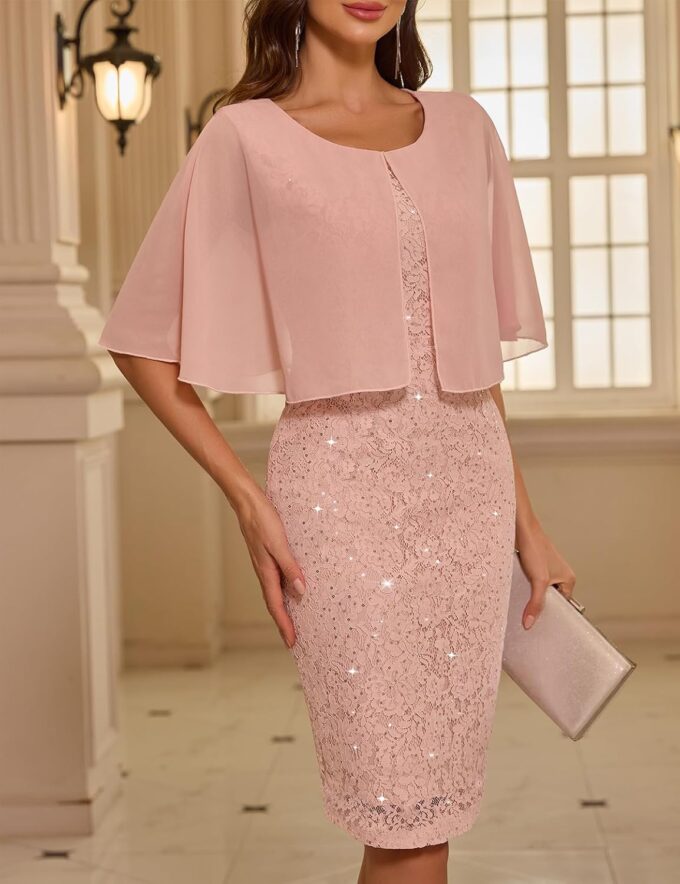 Women's Wedding Guest Cape Dress Cocktail Party Formal Chiffon Lace Sequin Dress – Bild 7