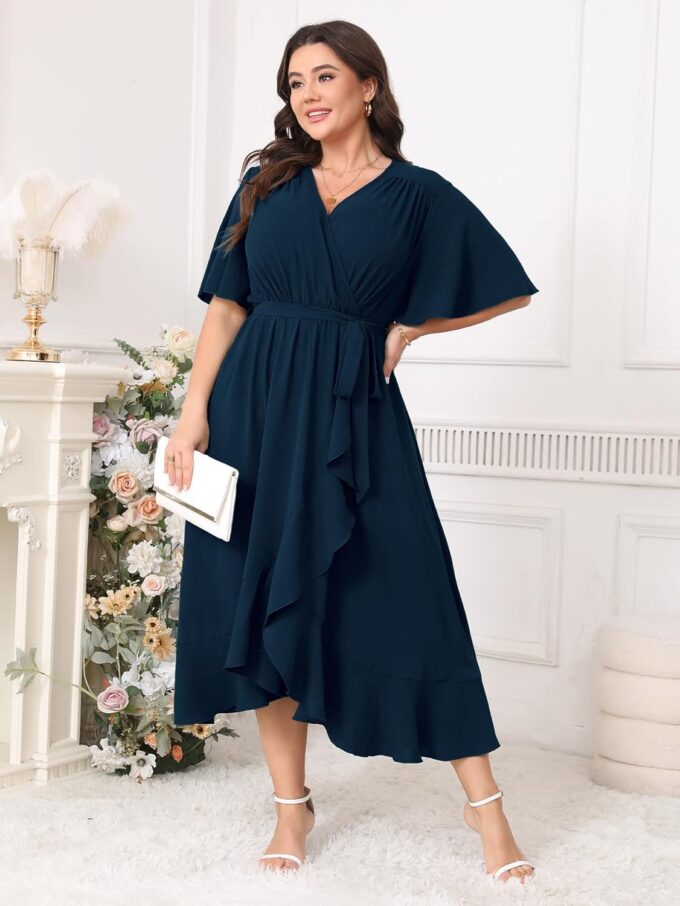 Plus Size Formal Wedding Guest Cocktail Dresses for Curvy Women Maxi Dress Wrap V Neck Short Sleeve – Bild 6
