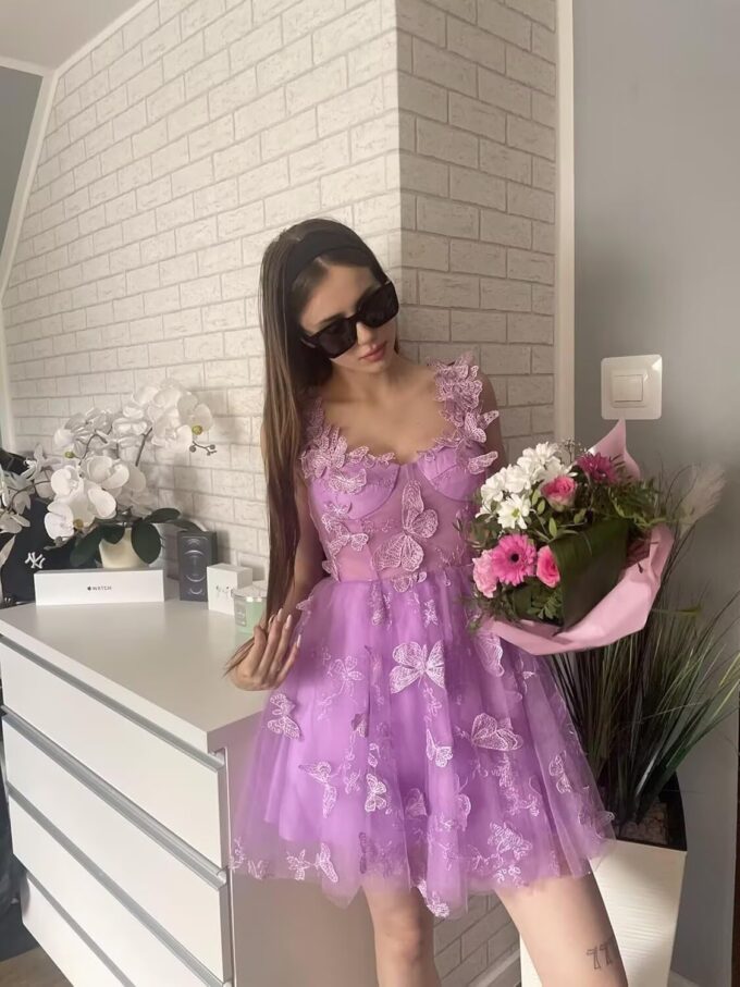 KDTM 3D Butterfly Tulle Homecoming Dresses Short Spaghetti Straps Mini Prom Dress Sweetheart Cocktail Party Gowns – Bild 4