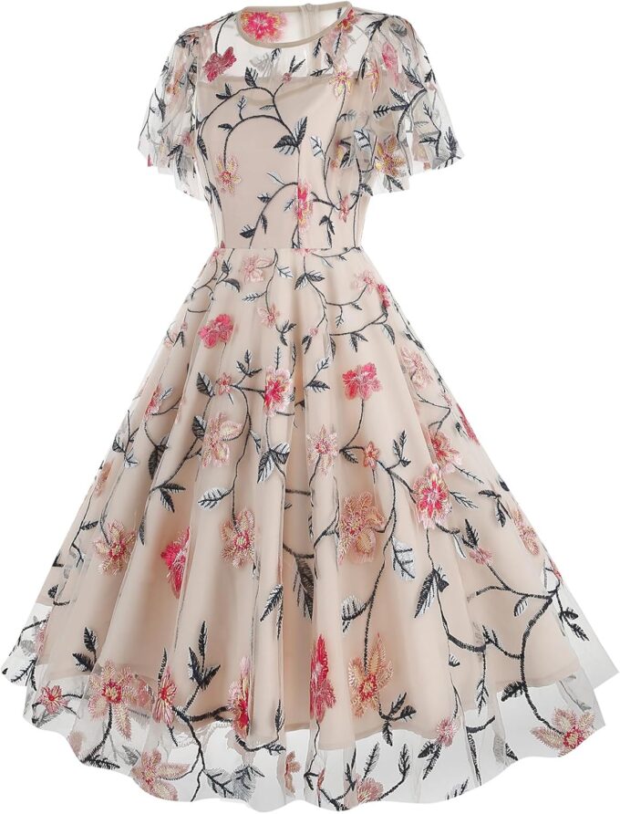 1950s Dresses for Women Vintage Floral Embroidery Mesh Dress Illusion Round Neck Short Sleeve – Bild 2