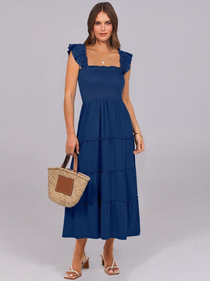 ANRABESS Womens Smocked Maxi Dress Summer Casual Ruffle Square Neck Boho Ruffle Flowy A-line Beach Sundress with Pockets – Bild 2