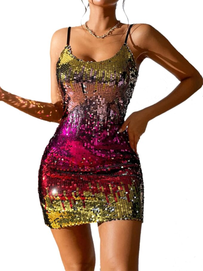 Women's Glitter Sequin Dress Adjustable Spaghetti Strap Sparkle Party Dresses