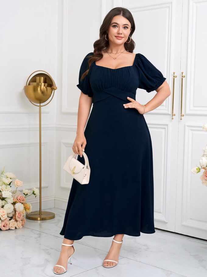 SCOMCHIC Women's Plus Size Wedding Guest Dress Semi Formal Short Sleeve Square Neck A-line Long Cocktail Maxi Dresses – Bild 4