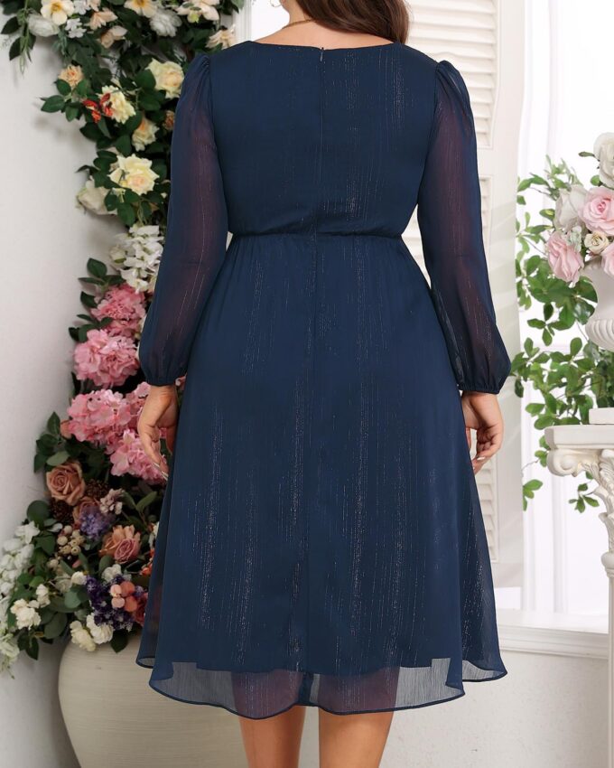 Plus Size Cocktail Dress - Formal Wedding Guest Fall Long Sleeve A Line Pleated V Neck Midi Dresses for Curvy Women – Bild 5