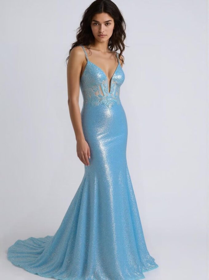 Women's Sequin Mermaid Prom Dresses 2025 Spaghetti Straps V-Neck Lace Applique Formal Evening Dress – Bild 5