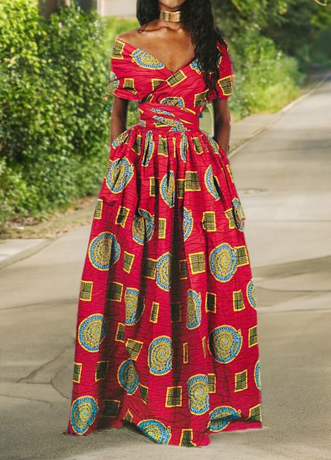 Giovacker Women's African Print Deep V-Neck High Waist Bohemian Maxi Long Dress – Bild 8