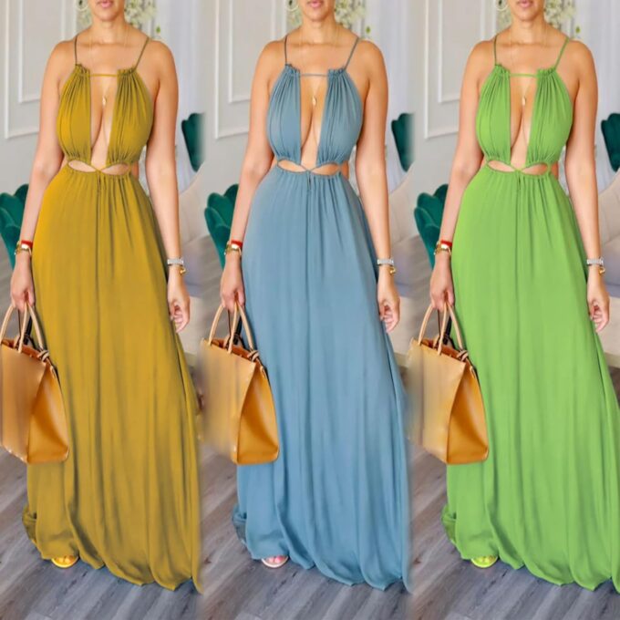 Unybwonn Womens Summer Dress Spaghetti Strap Halter Sleeveless Sexy Cutout Boho Maxi Sundress Beach Vacation Dresses – Bild 6