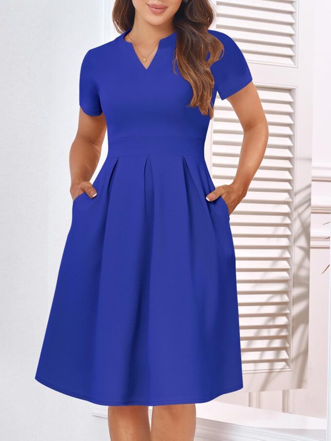 YATHON Womens Elegant Print Notched Neck Slant Pocket Pleated Hem Casual A-Line Dress – Bild 3