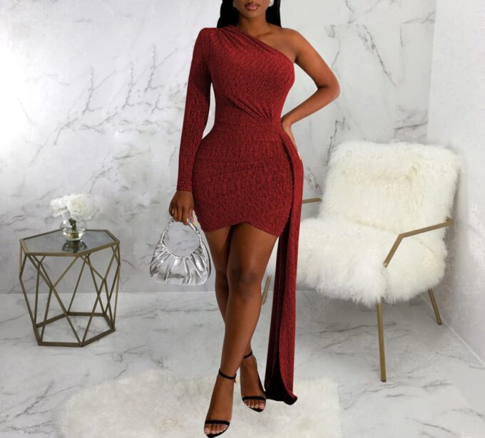 ZonJie Women Casual Solid Dress Sexy Off Shoulder Long Sleeve Elegant Bodycon Long Formal Sparkle Glitter Party Club Dress – Bild 5