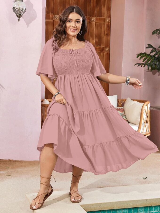 SCOMCHIC Women's Plus Size Flowy Maxi Dress Flutter Short Sleeve Boho Dress Square Neck Smocked Formal Dresses for Women – Bild 4