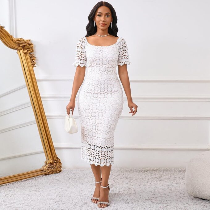 Cololura Elegant Sexy Floral Lace Short Sleeve Off Shoulder Evening Gown Party Formal Bodycon Midi Dress – Bild 3