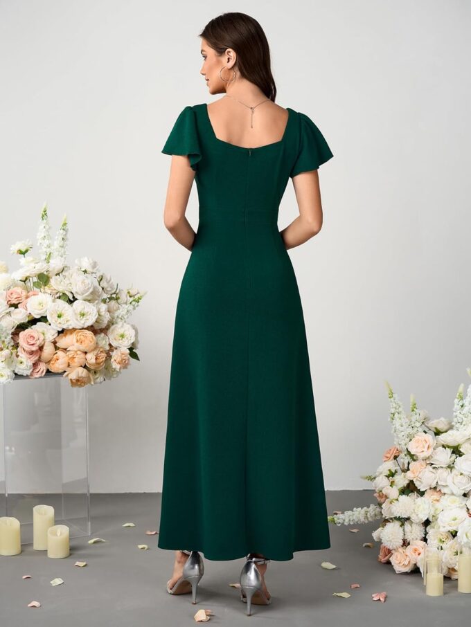 Womens Long Formal Cocktail Dresses Square Neck Split Elegant Evening Party Gowns Ruffle Wedding Guest Dress – Bild 4