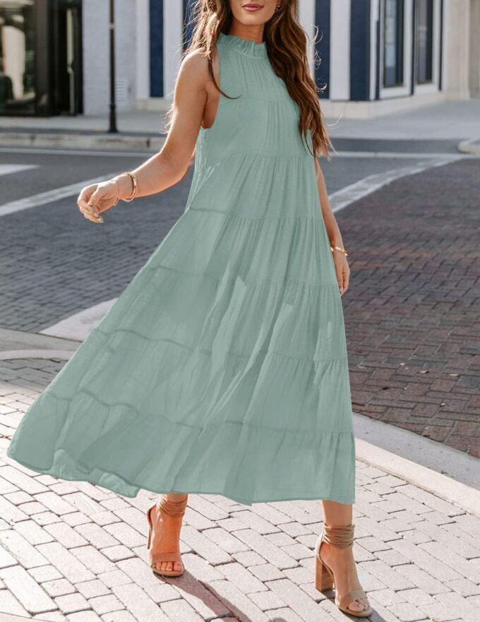 HAEOF Women's Summer Sleeveless Halter Midi Maxi Dress Casual Loose Fit Pleated Tiered Flowy Beach Vacation Long Sundress – Bild 2