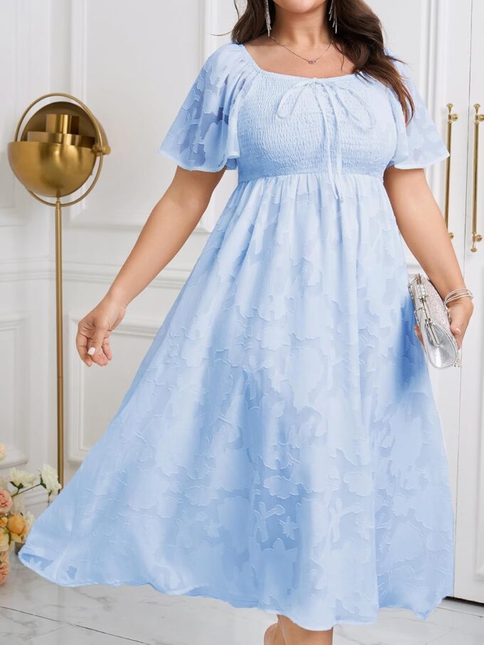 SCOMCHIC Women's Plus Size Formal Dresses Square Neck Short Sleeve Lace Floral Smocked Flowy Long Maxi Wedding Guest Dress – Bild 3