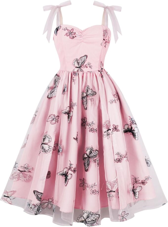 ODIZLI Butterfly Sleeve Dress for Women 1950s Retro Vintage Dress Sleeveless Tie Strap Embroidered Dress – Bild 7