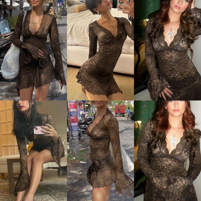 AIBEARTY Women's Sexy Sheer Mesh Lace Bodycon Dress Flared Long Sleeve V Neck Mini Dress Party Club Evening Dresses – Bild 4