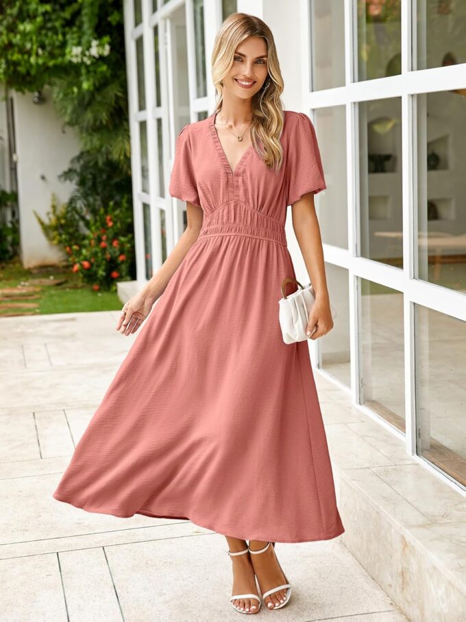 Simplee Women's Summer Flowy Midi Dress Casual V Neck Short Sleeve Empire Waist Boho Beach Dress Wedding Guest Maxi Dress – Bild 4
