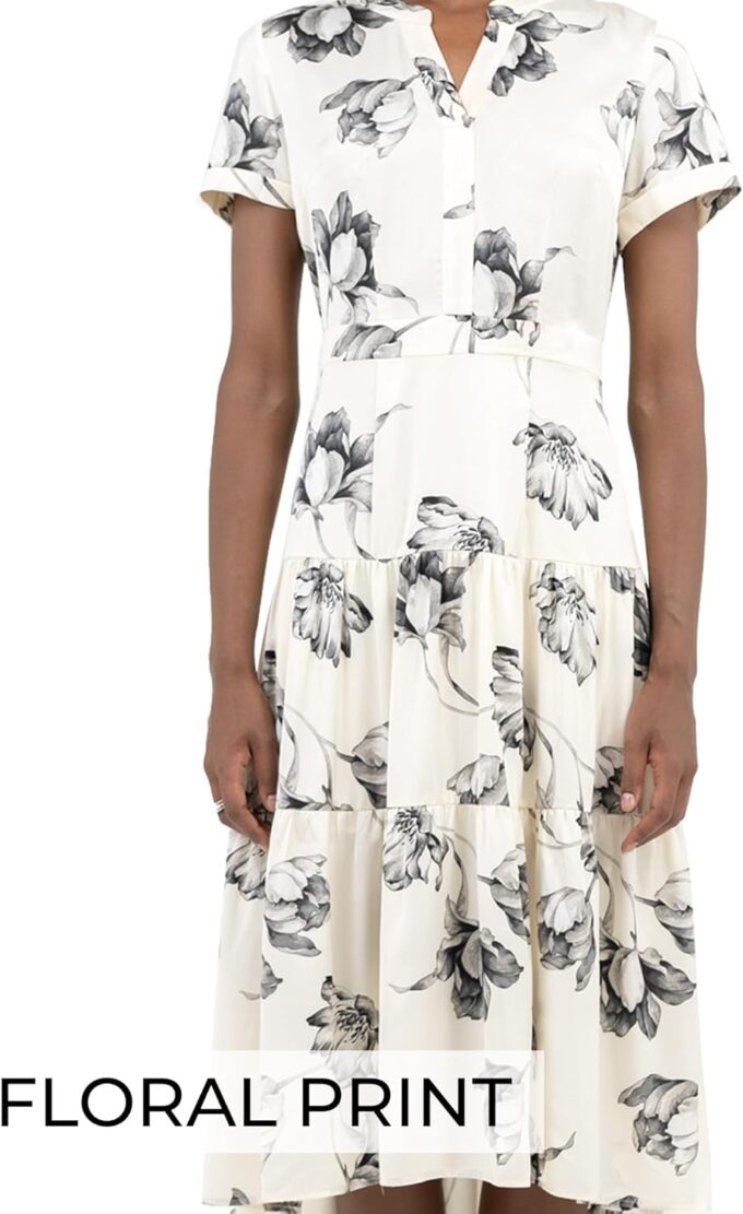 SIXDO Damen-Midikleid, Seide, Weiß, V-Ausschnitt, Kragen, A-Linie, kurze Ärmel, zum Überziehen, Arbeit, Büro, Business, Freizeit, Sommer, Herbst – Bild 5