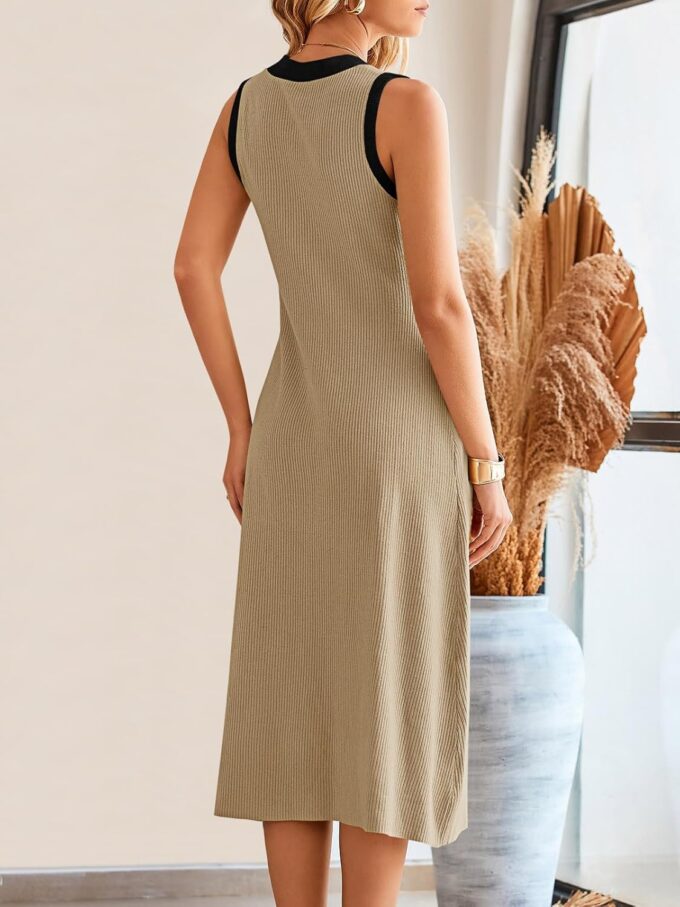 Saodimallsu Womens Summer Button Down Sweater Dresses Sleeveless V Neck Casual Ribbed Knit Color Block Midi Tank Dress – Bild 5