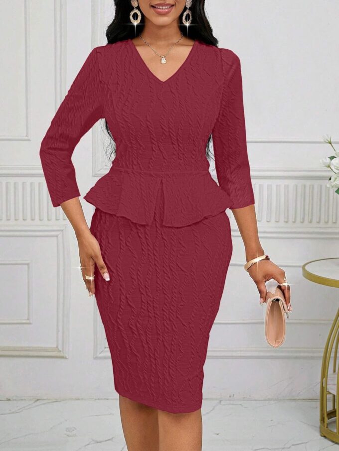 Runwind Schößchen-Kleid für Damen, V-Ausschnitt, 3/4-Ärmel, für die Arbeit, Midi-Kirchenkleider, elegante Bleistiftkleider – Bild 3