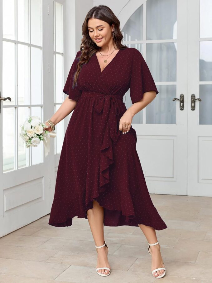 SCOMCHIC Women's Plus Size Summer Dresses Short Sleeve Wrap V Neck Swiss Dot Boho High Low Split Ruffle Maxi Dress – Bild 4