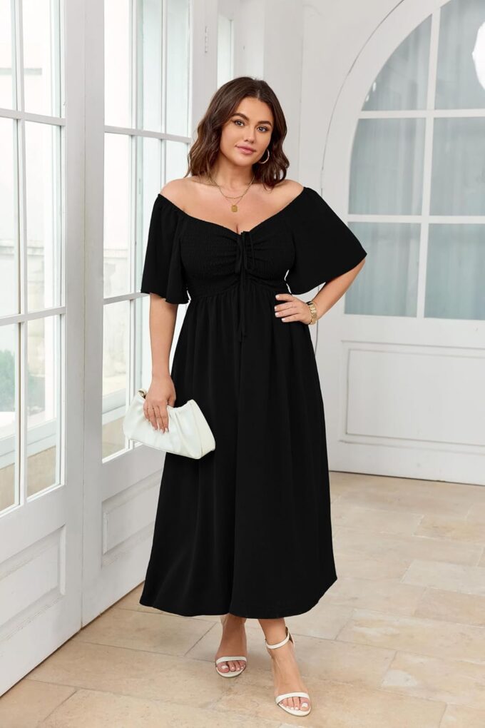 Women's Plus Size Maxi Dress Short Sleeve Sweetheart Neckline Smocked A Line Flowy Formal Wedding Guest Dress – Bild 3