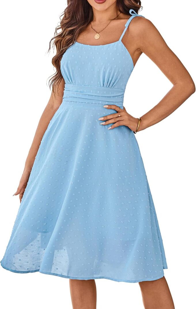 Belle Poque Women 2025 Summer Sundress Spaghetti Strap Swiss Dots A-line Midi Dresses with Pockets – Bild 2