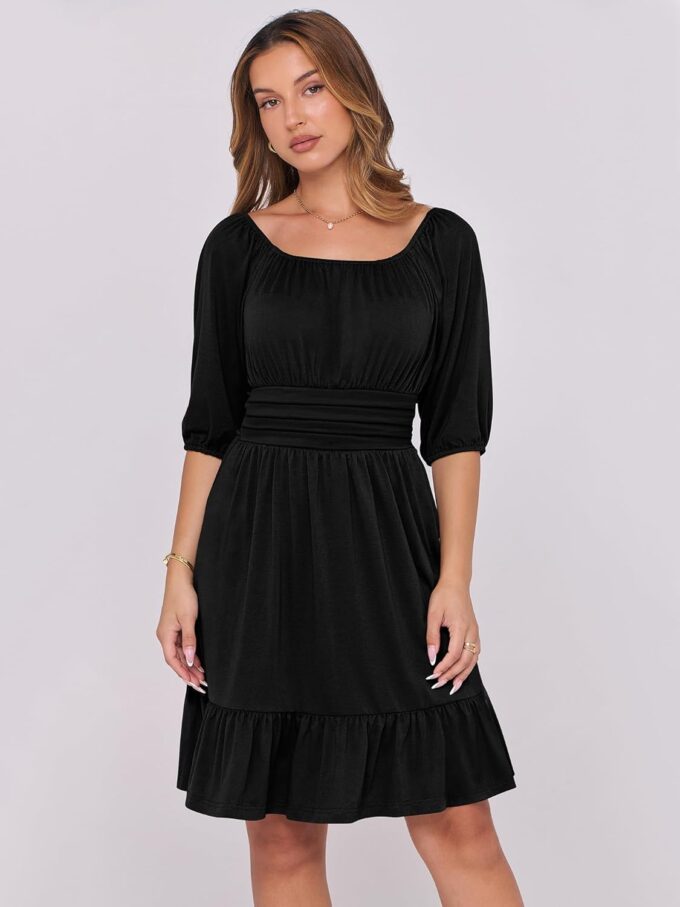 ANRABESS Women Summer Casual Short Lantern Sleeve Square Neck A-Line Flowy Boho Mini Dress 2025 Trendy Beach Travel Clothes – Bild 3