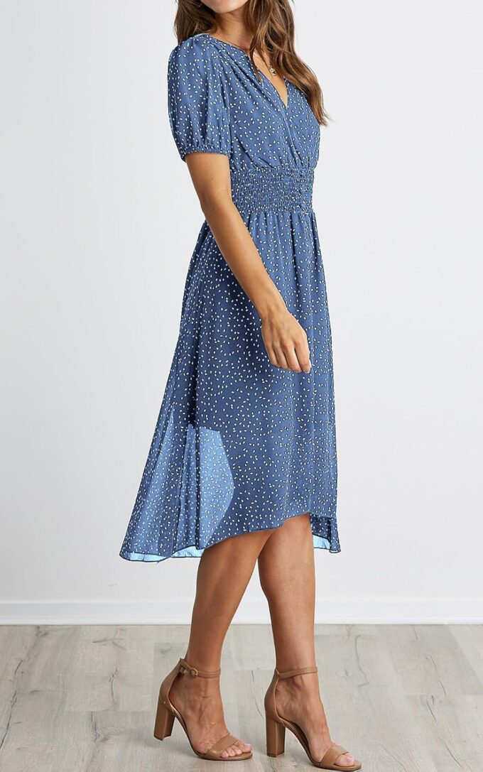 PRETTYGARDEN Women's Floral Wrap V-Neck Midi Dress Short Sleeve Boho Summer Beach Long Dress High Low Hem Smocked Dress Women – Bild 8