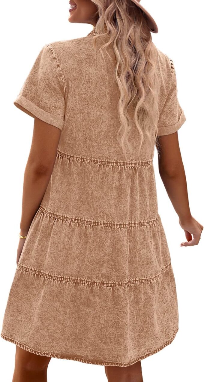 GRAPENT Denim Dress for Women Babydoll Tiered Short Sleeve Button Down Jean Shirt Dresses – Bild 2