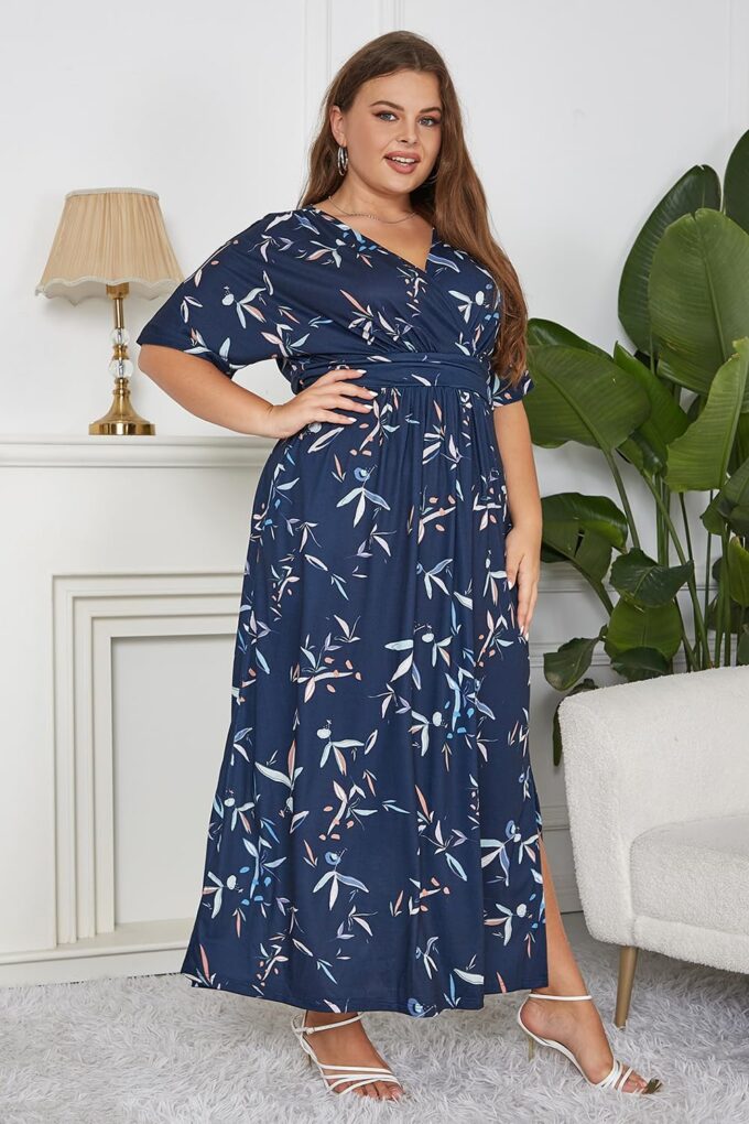Keluummi Plus Size Wedding Guest Maxi Dress for Curvy Women, Summer Casual Floral Empire Waist 3/4 Sleeve Long Cocktail Dress – Bild 2
