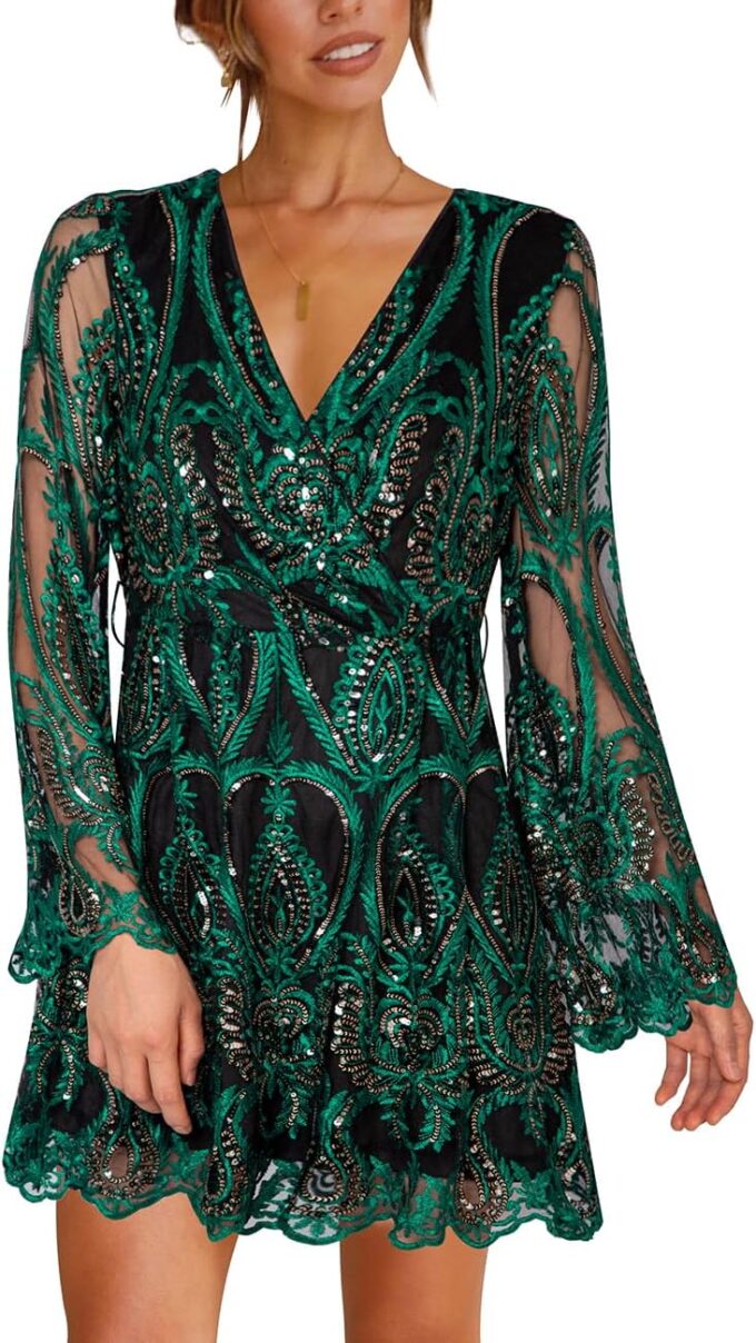 Women's Sequin Dress Long Sleeve Deep V Neck Embroidery Event Party Cocktail Mini Skater Dresses – Bild 2