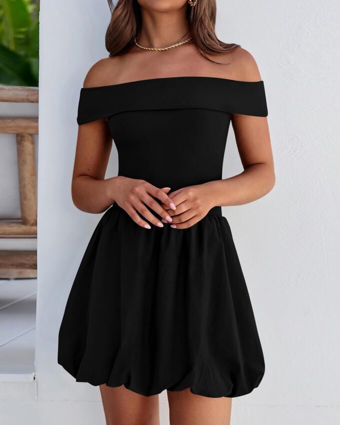 PRETTYGARDEN Women Summer Sexy Off Shoulder Bubble Dress 2025 Knit and Woven Cocktail Party Mini Dresses with Pockets – Bild 6