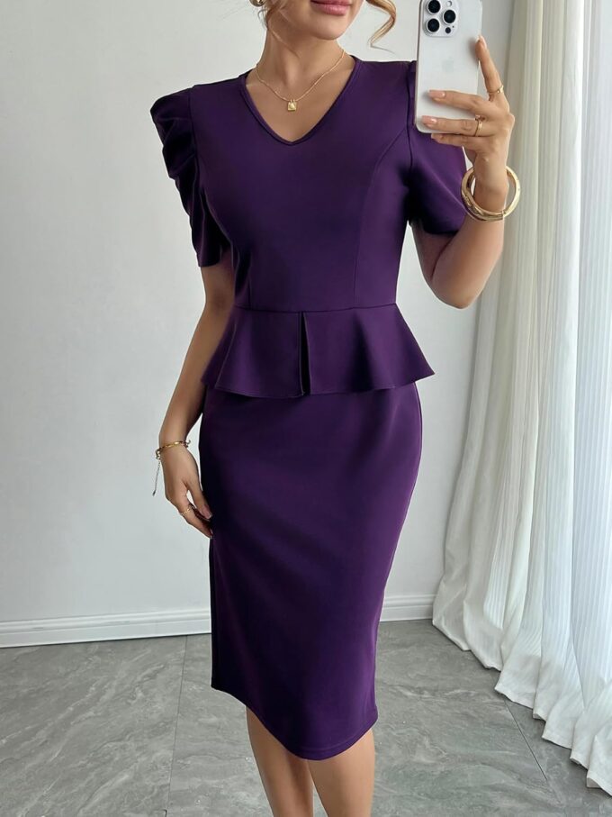 Mokayee Womens Summer Puff Sleeve V Neck Peplum Church Business Work Pencil Dresses – Bild 4